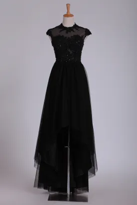2024 Black Prom Dresses Scoop Tulle With Beads & Applique Asymmetrical
