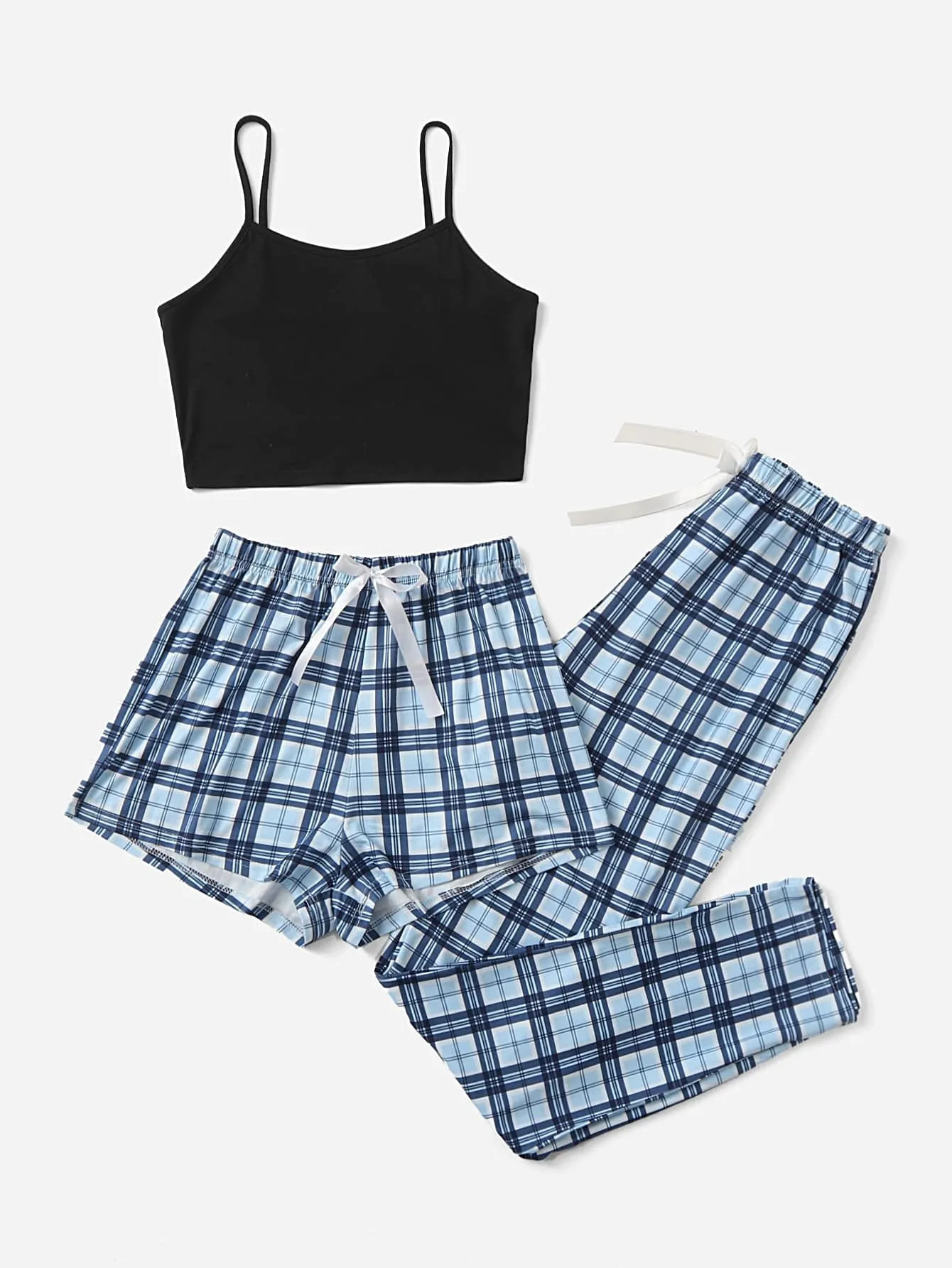 3-Pcs Plaid Knot Front Cami Pajama Set