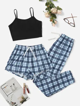 3-Pcs Plaid Knot Front Cami Pajama Set