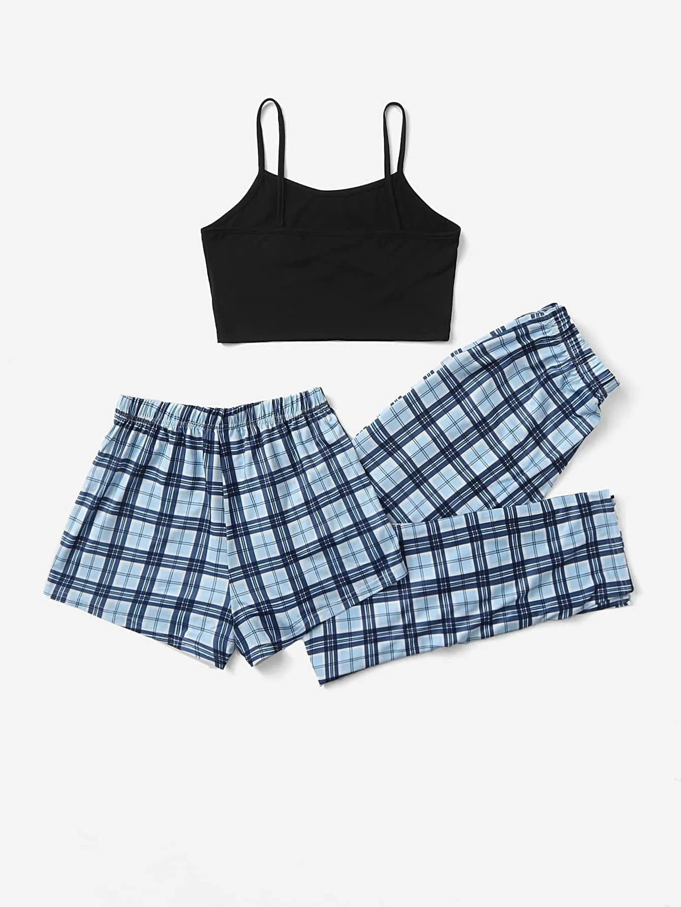 3-Pcs Plaid Knot Front Cami Pajama Set