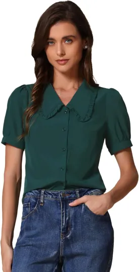 Allegra K Women's Peter Pan Collar Shirt Puff Short Sleeve Retro Vintage Blouse