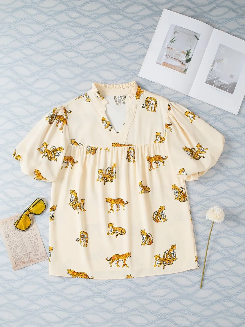 Apricot Leopard Print V-Neck Puff Half Sleeve Blouse