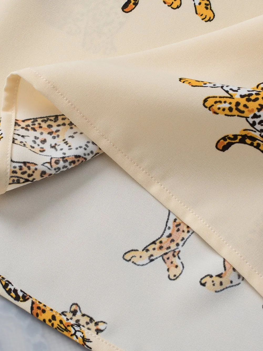 Apricot Leopard Print V-Neck Puff Half Sleeve Blouse