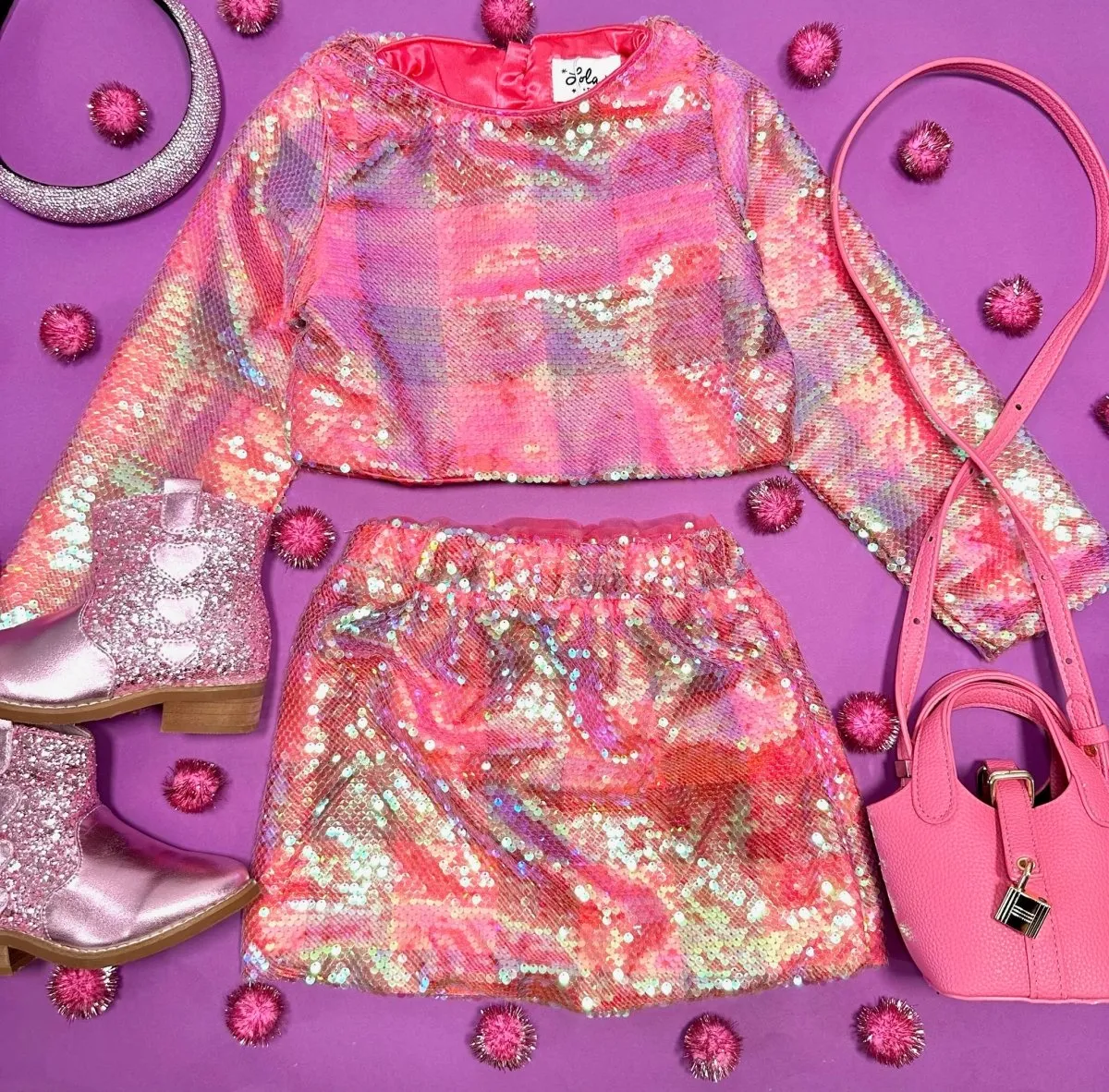 AS IF PLAID SEQUIN TOP AND SKIRT SET