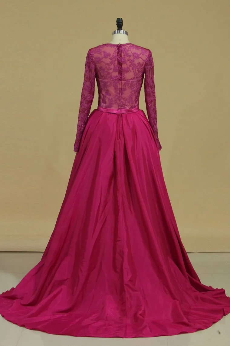 Asymmetrical Long Sleeves Taffeta & Tulle Prom Dresses