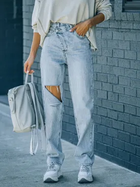 Asymmetrical Ripped High-Waist Jeans