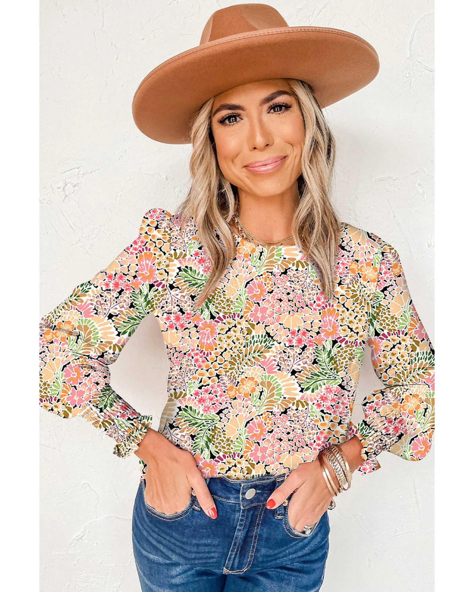 Azura Exchange Floral Print Puff Sleeve Blouse - L