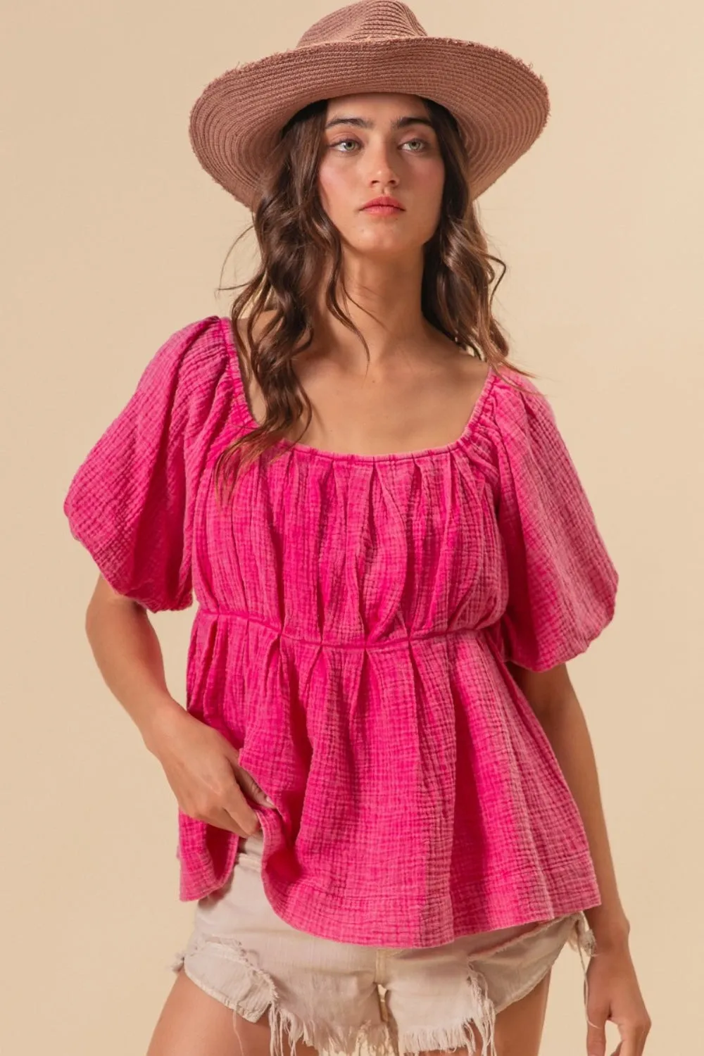 Blue Zone Planet |  BiBi Pleated Puff Sleeve Washed Blouse