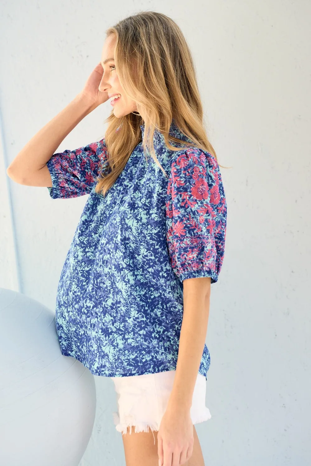 Blue Zone Planet |  Hailey & Co Embroidered Puff Sleeve Printed Blouse