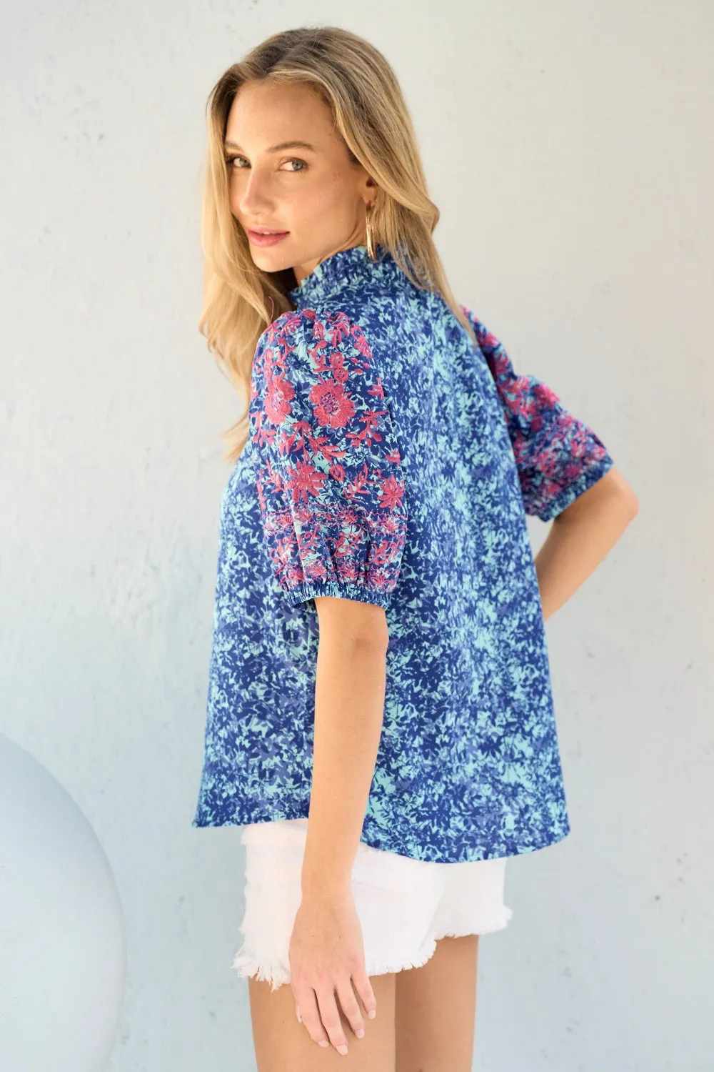 Blue Zone Planet |  Hailey & Co Embroidered Puff Sleeve Printed Blouse