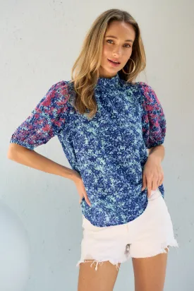 Blue Zone Planet |  Hailey & Co Embroidered Puff Sleeve Printed Blouse