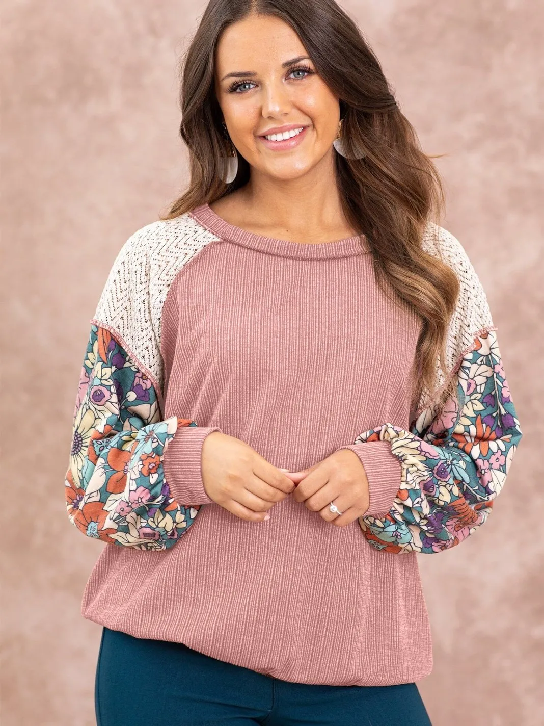 Blushing Rose Patchwork Floral Puff Sleeve Lace Blouse