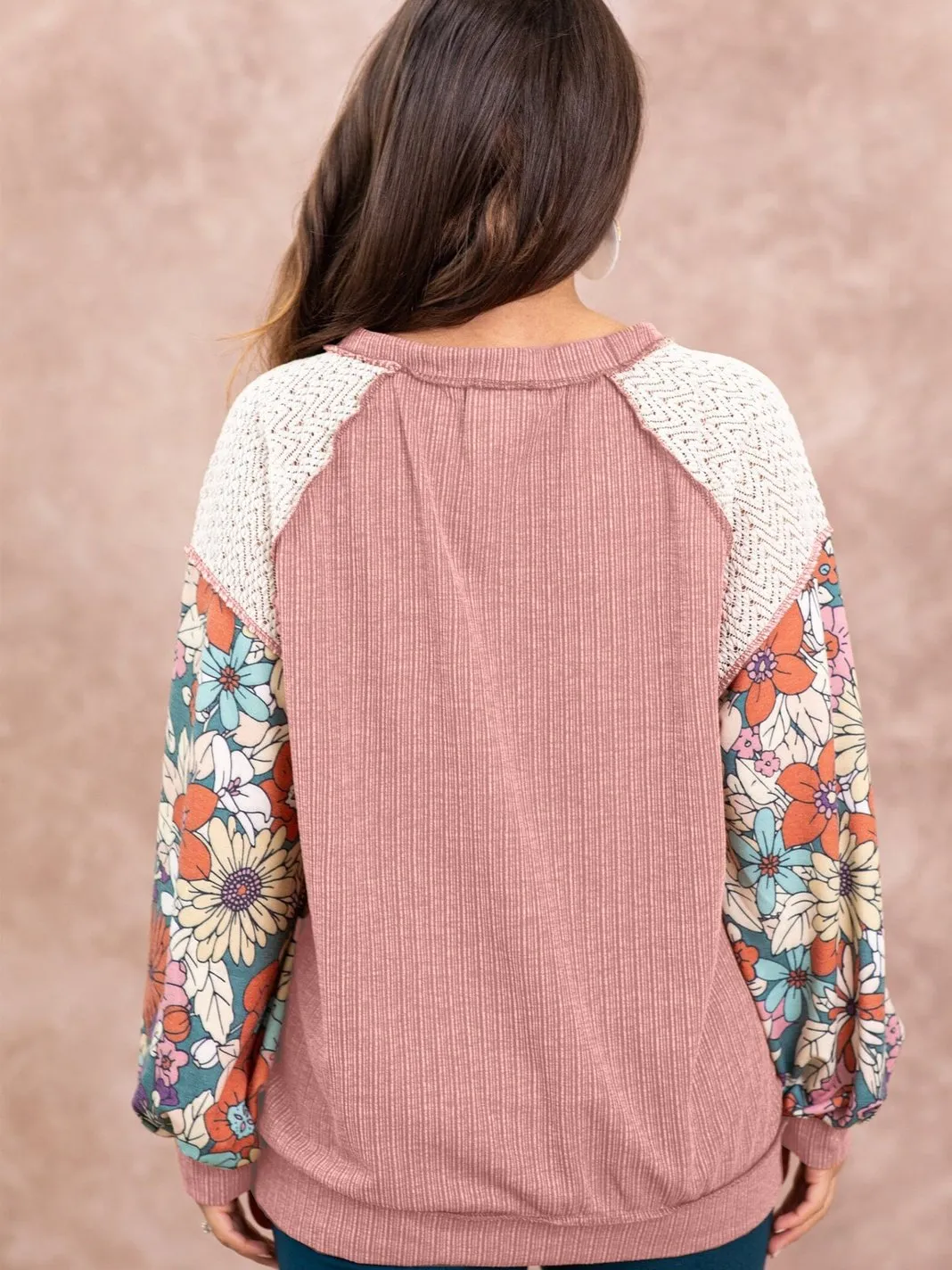 Blushing Rose Patchwork Floral Puff Sleeve Lace Blouse