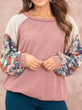 Blushing Rose Patchwork Floral Puff Sleeve Lace Blouse