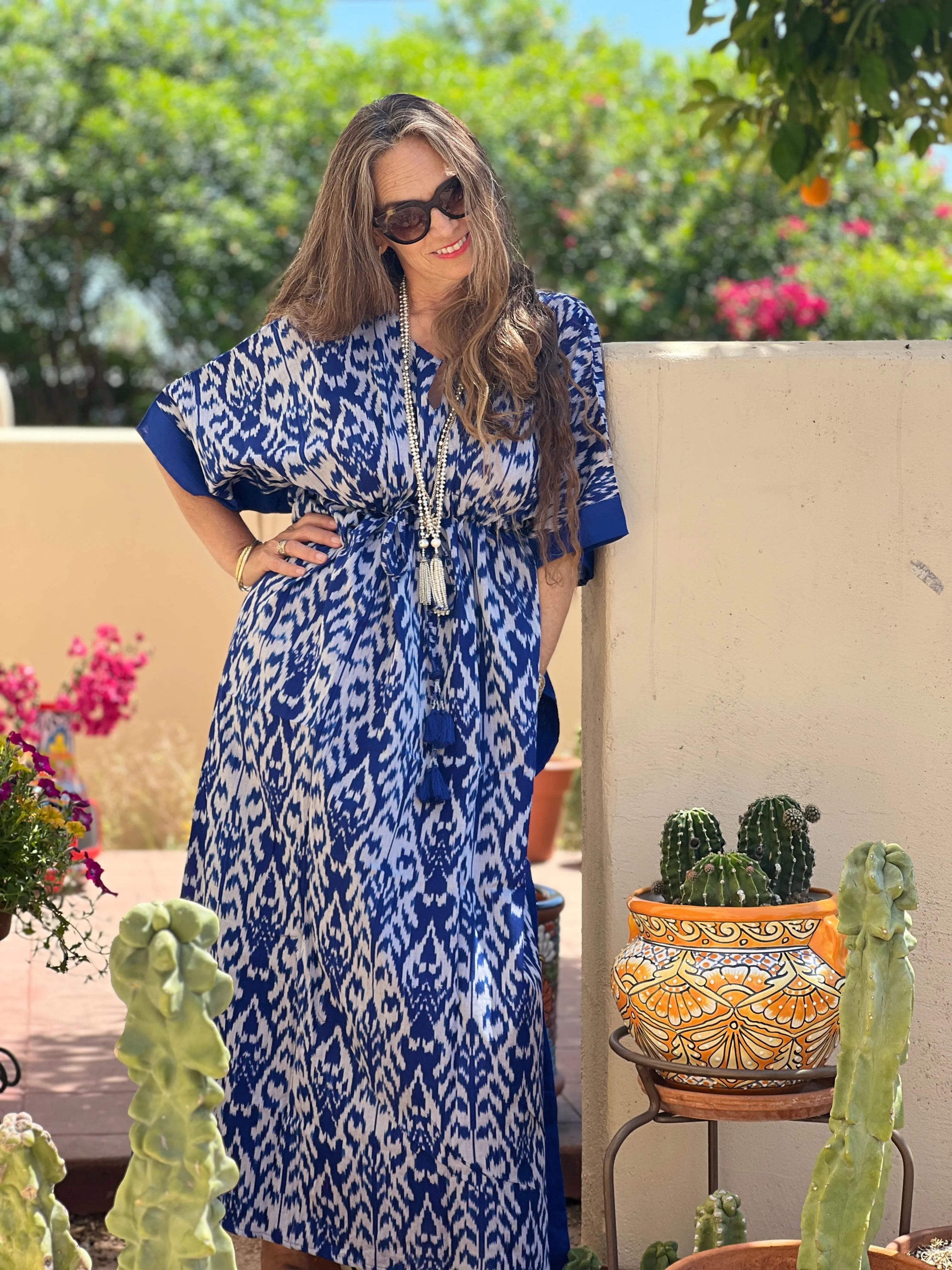 Bondi Blue Ikat Maxi Kaftan Hand Woven