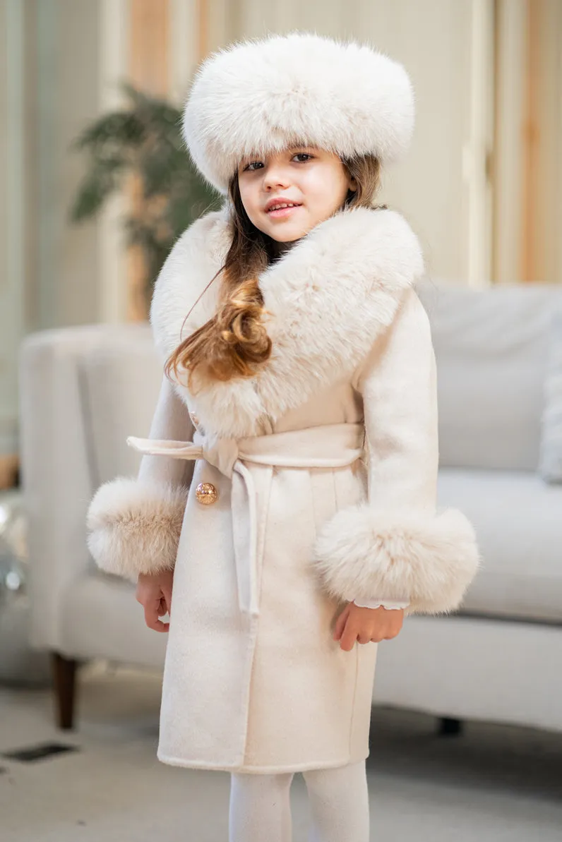 Childrens Light Beige Luxury Fur Cashmere Coat