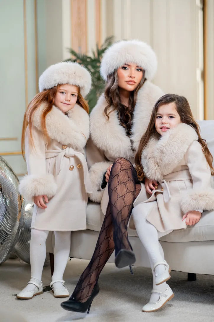 Childrens Light Beige Luxury Fur Cashmere Coat
