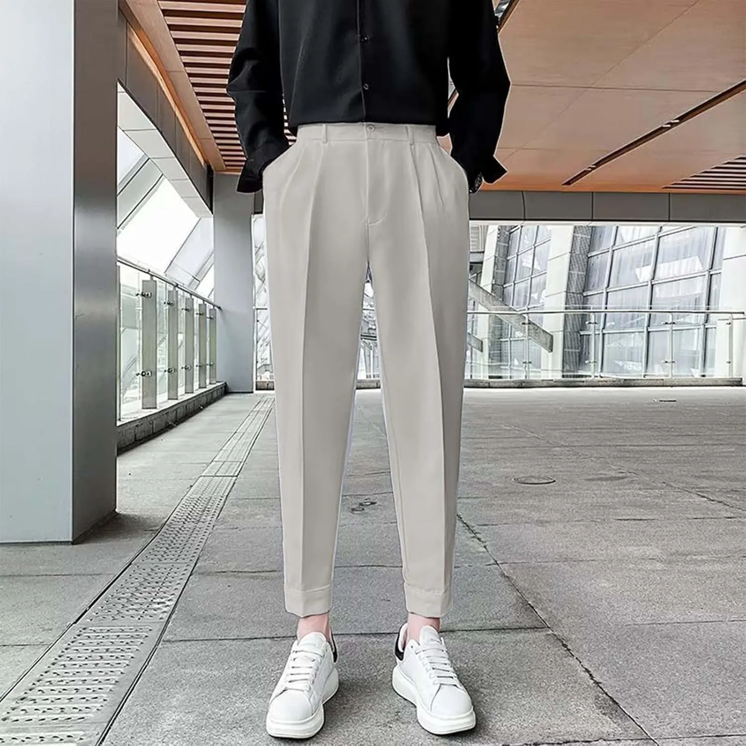 CRNTCEM Men's Cropped Golf Pants Ankle-Length Flat-Front Business Formal Dress Pants Pleated Straight Leg Casual Trousers