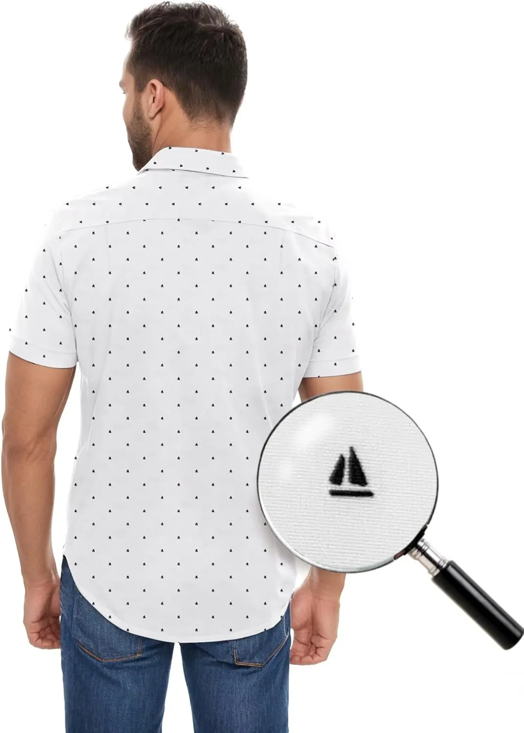 ETHANOL Mens Slim Fit Short Sleeve Button Down Polo Tech Stretch Printed Shirt
