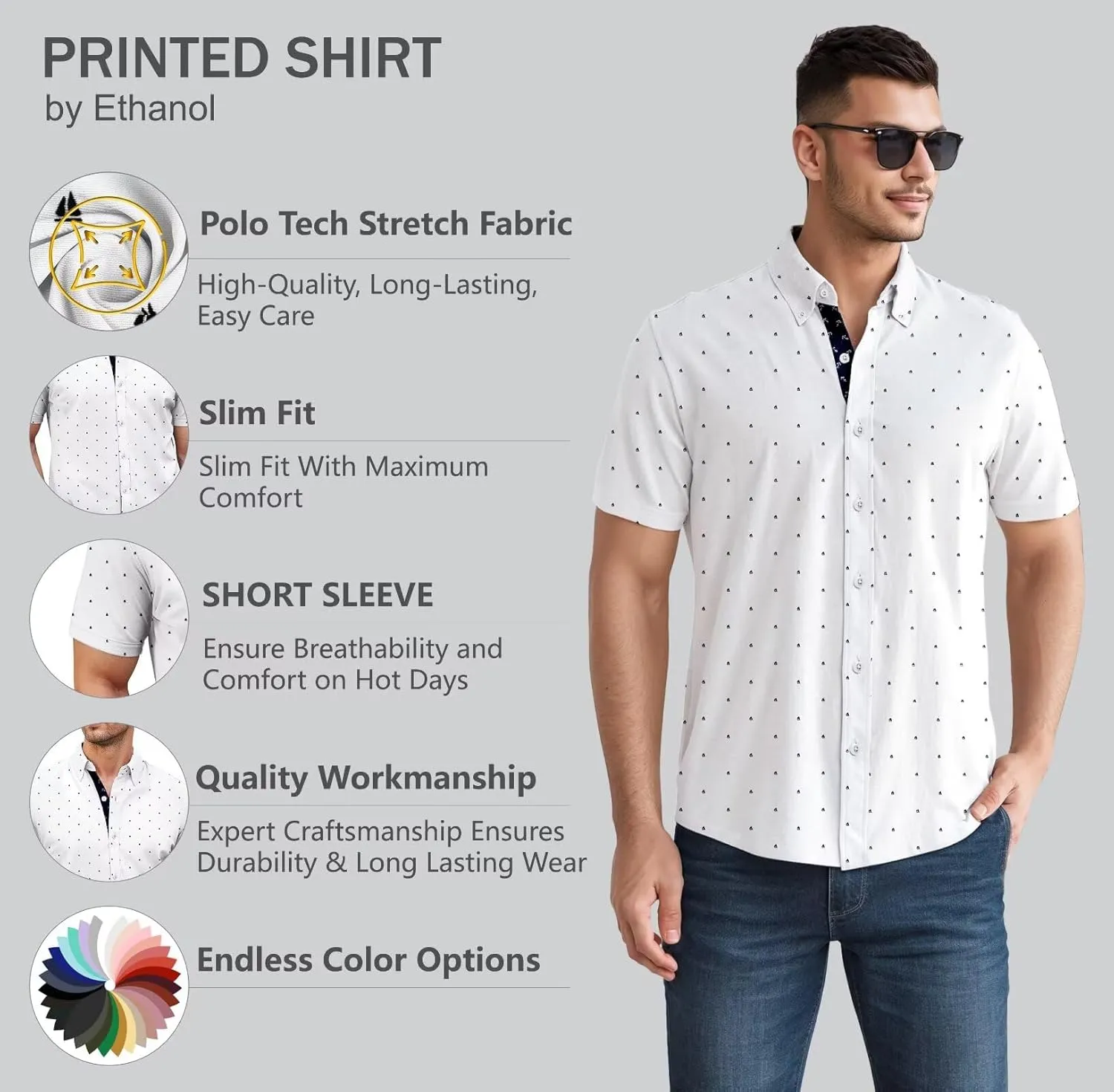 ETHANOL Mens Slim Fit Short Sleeve Button Down Polo Tech Stretch Printed Shirt