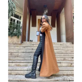 Faux shearling shawl collar camel coat