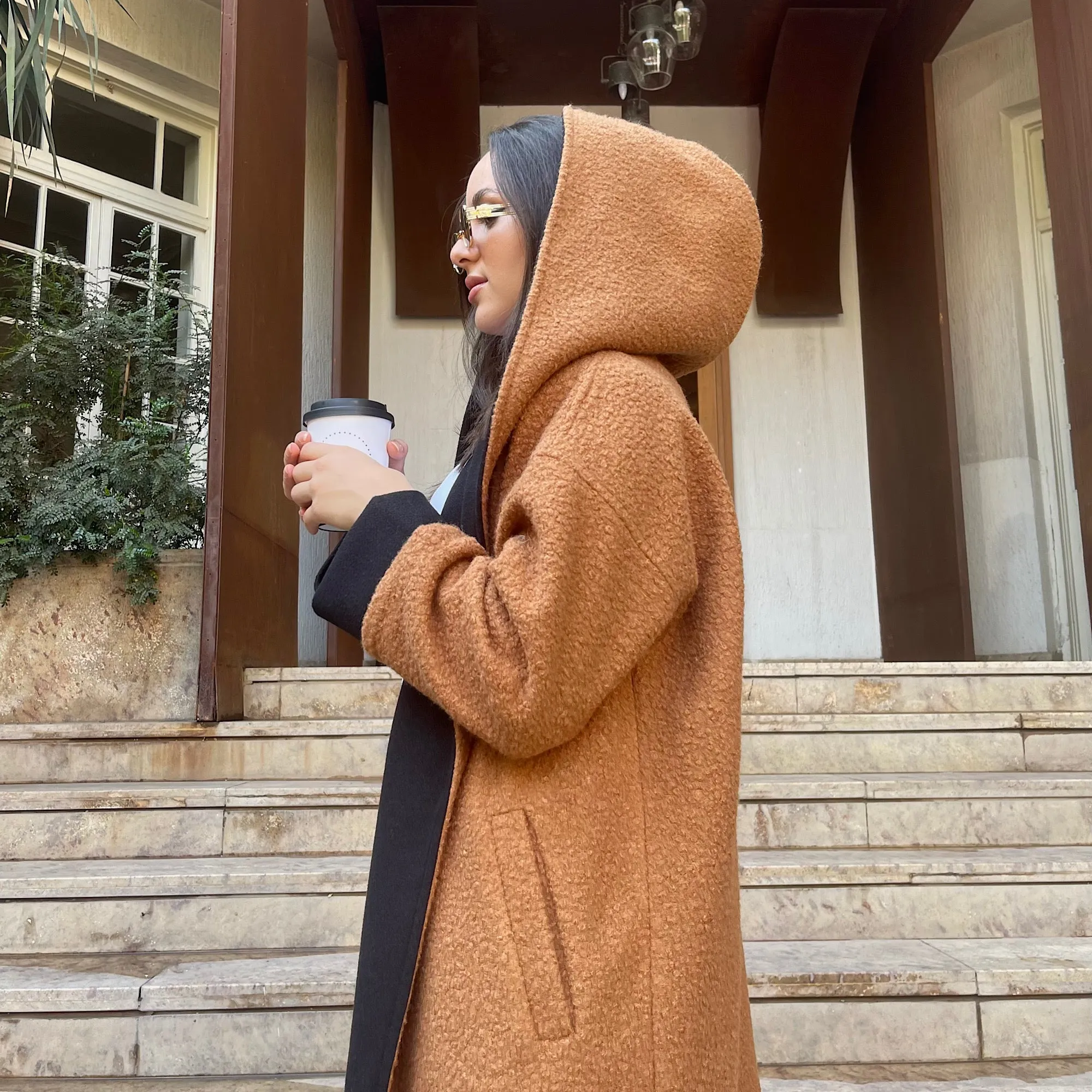 Faux shearling shawl collar camel coat