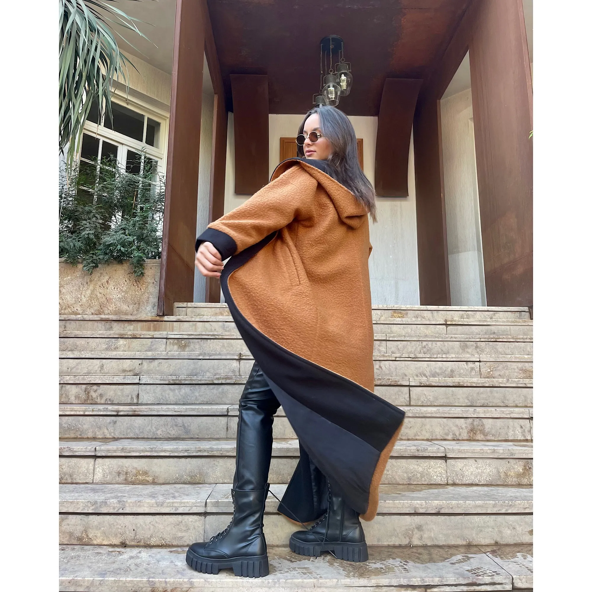 Faux shearling shawl collar camel coat