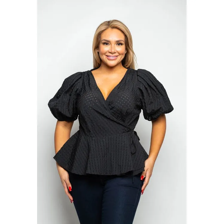 Grid Puff Sleeve Surplice Wrap Blouse - Plus Size - Final Sale Item