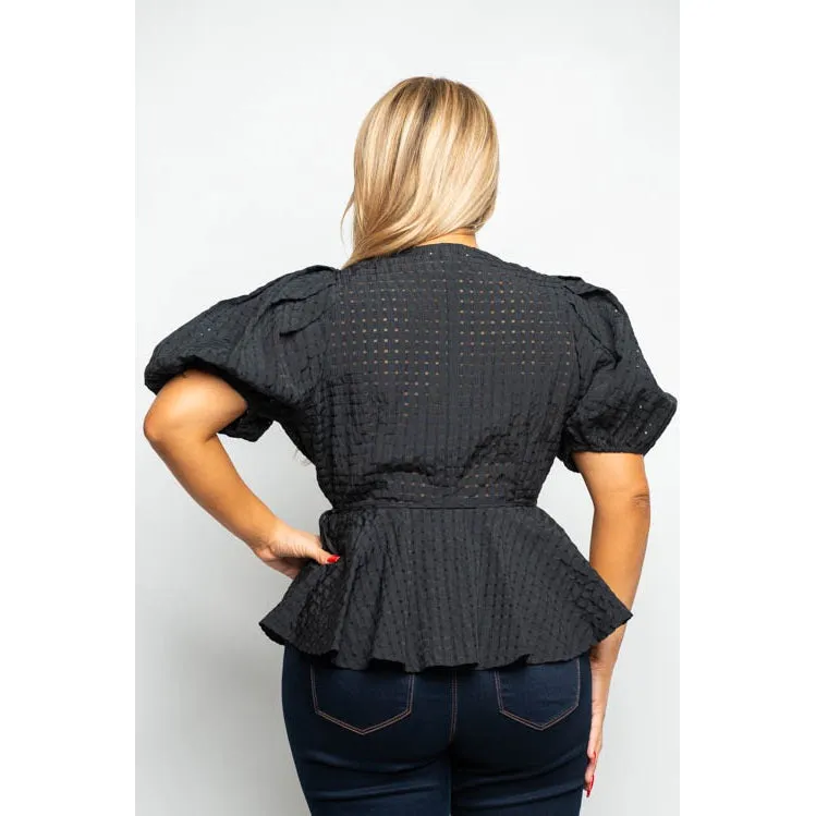 Grid Puff Sleeve Surplice Wrap Blouse - Plus Size - Final Sale Item