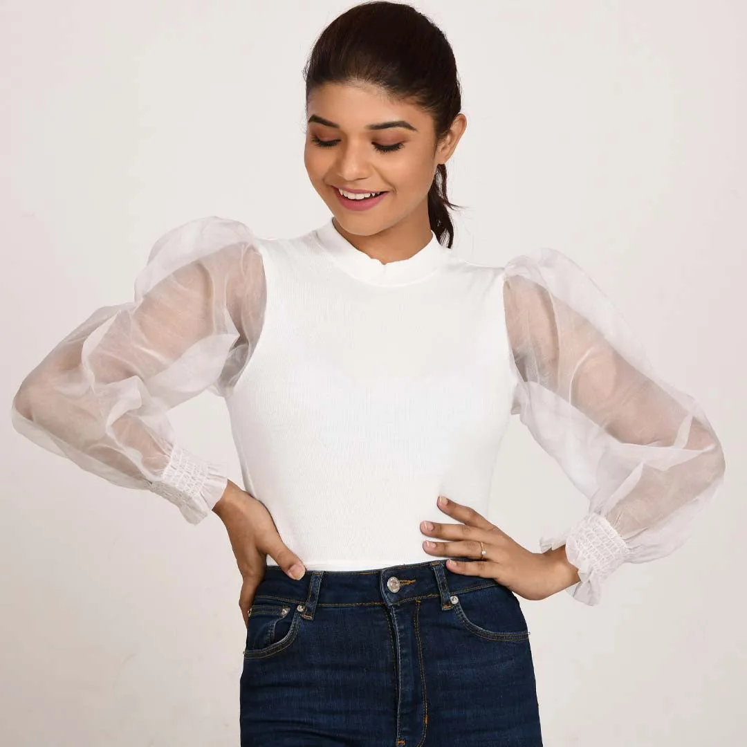 Hosiery Blouses with Puffy Organza Full Sleeves