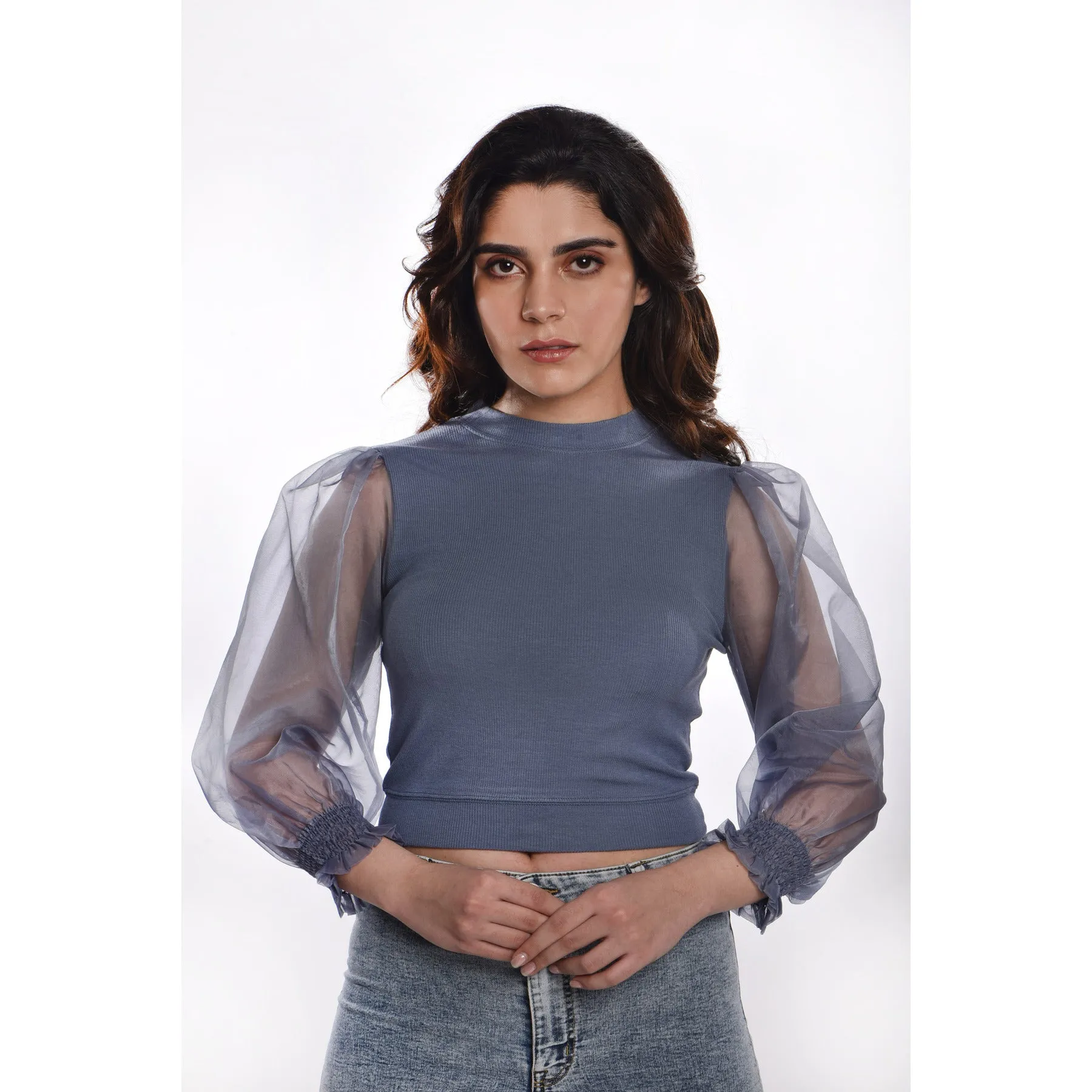 Hosiery Blouses with Puffy Organza Full Sleeves