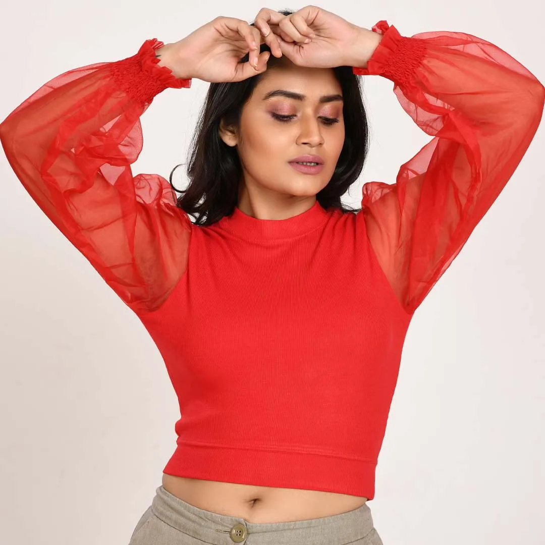 Hosiery Blouses with Puffy Organza Full Sleeves