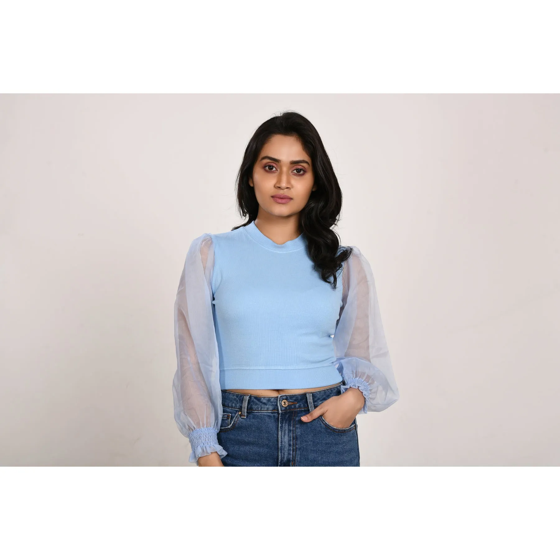Hosiery Blouses with Puffy Organza Full Sleeves