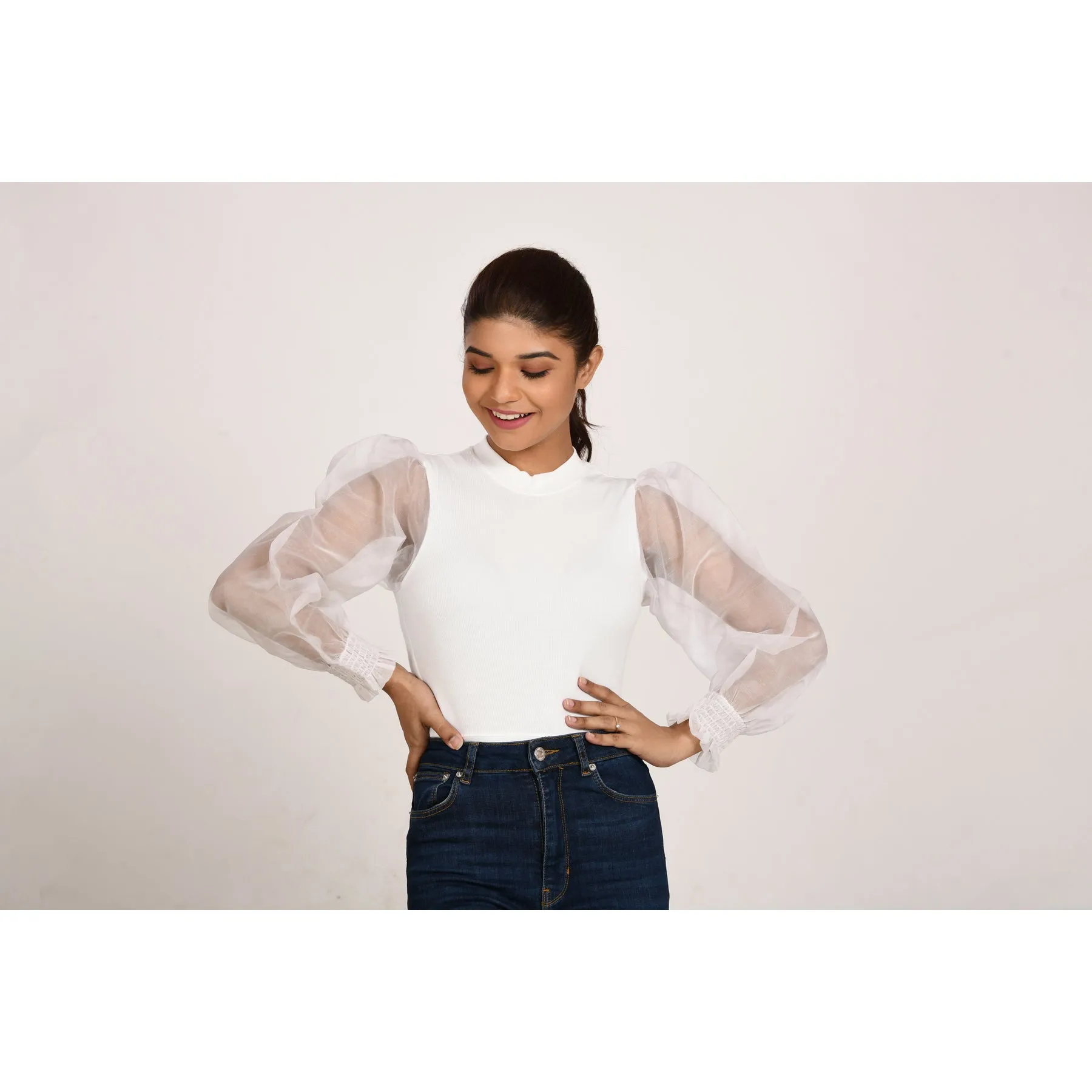 Hosiery Blouses with Puffy Organza Full Sleeves