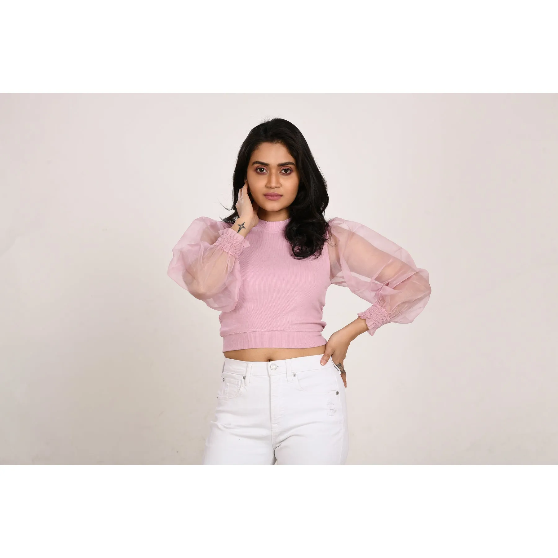 Hosiery Blouses with Puffy Organza Full Sleeves