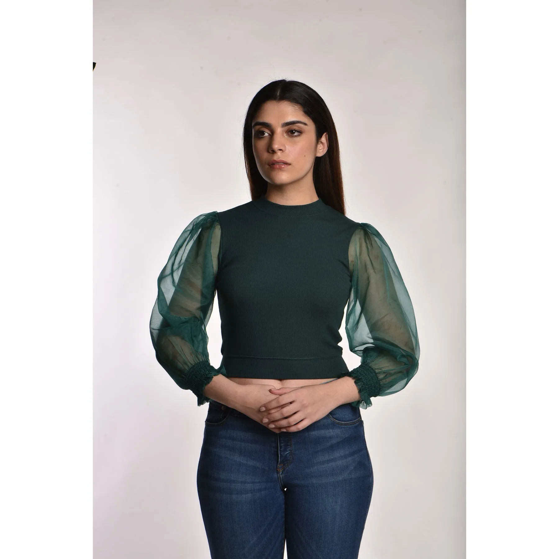 Hosiery Blouses with Puffy Organza Full Sleeves