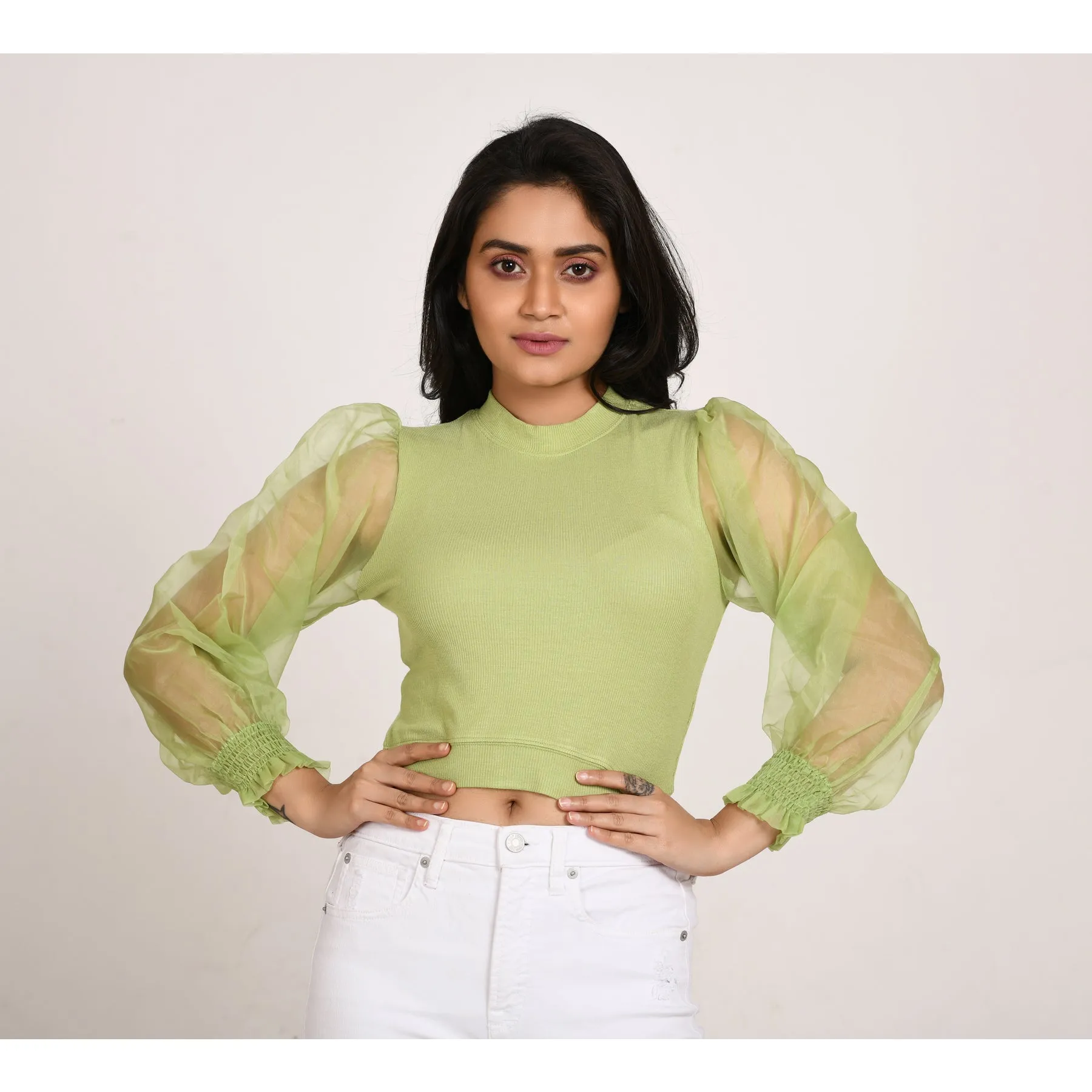 Hosiery Blouses with Puffy Organza Full Sleeves