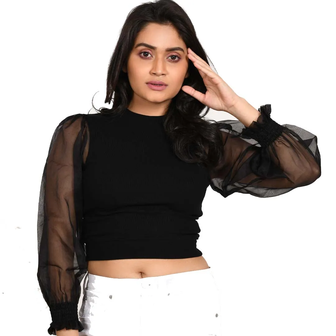 Hosiery Blouses with Puffy Organza Full Sleeves