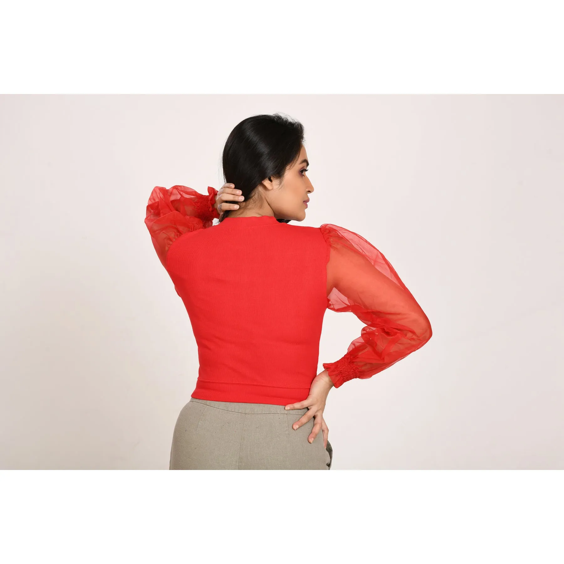 Hosiery Blouses with Puffy Organza Full Sleeves