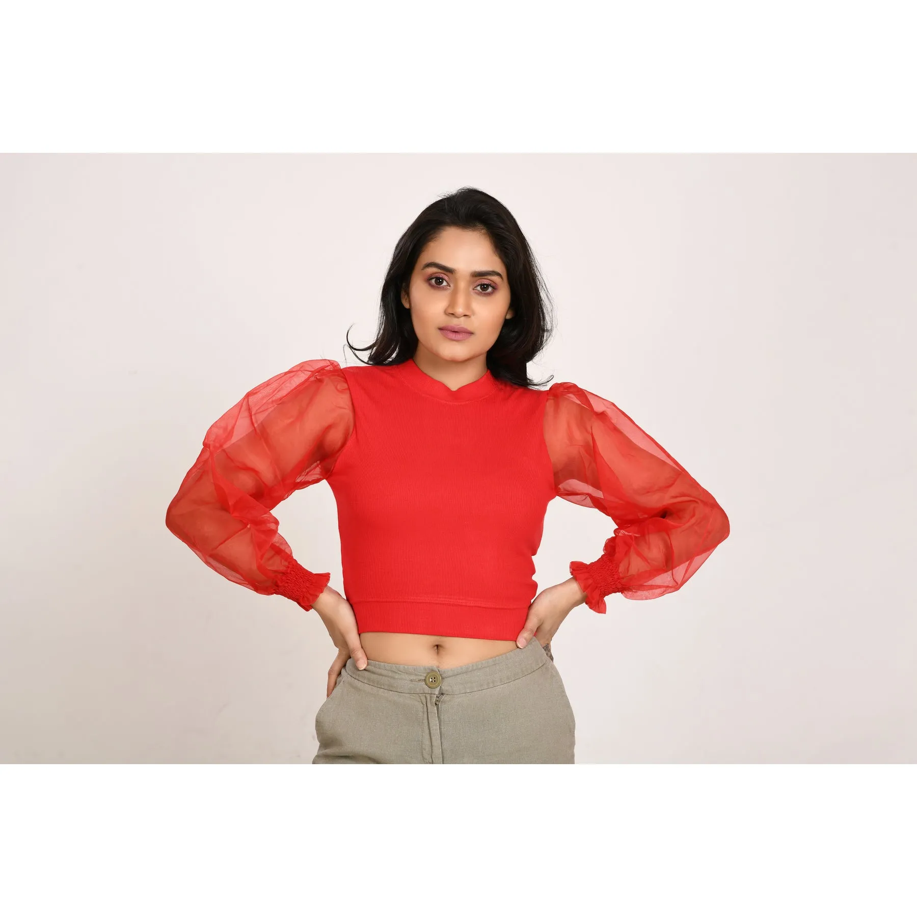 Hosiery Blouses with Puffy Organza Full Sleeves