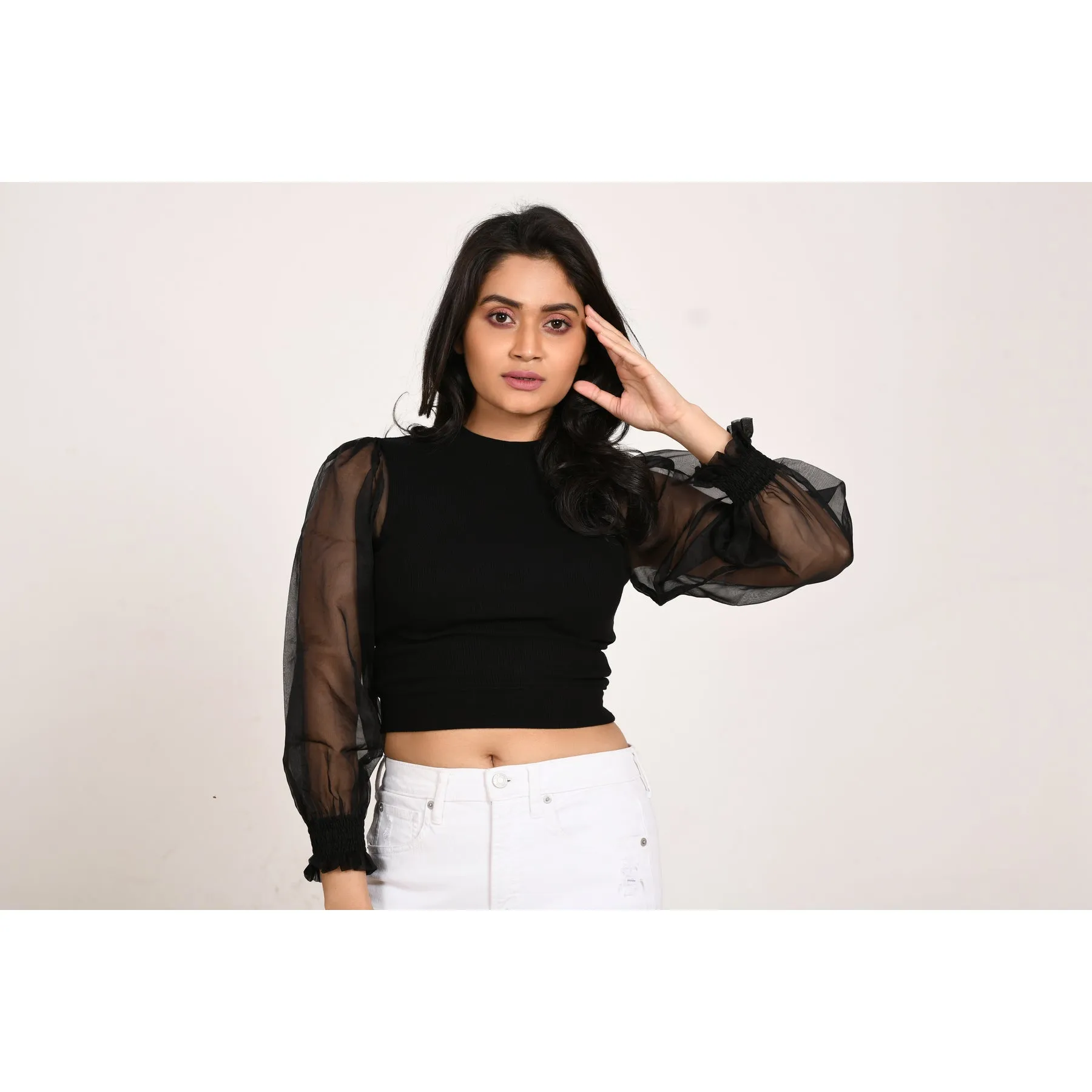 Hosiery Blouses with Puffy Organza Full Sleeves