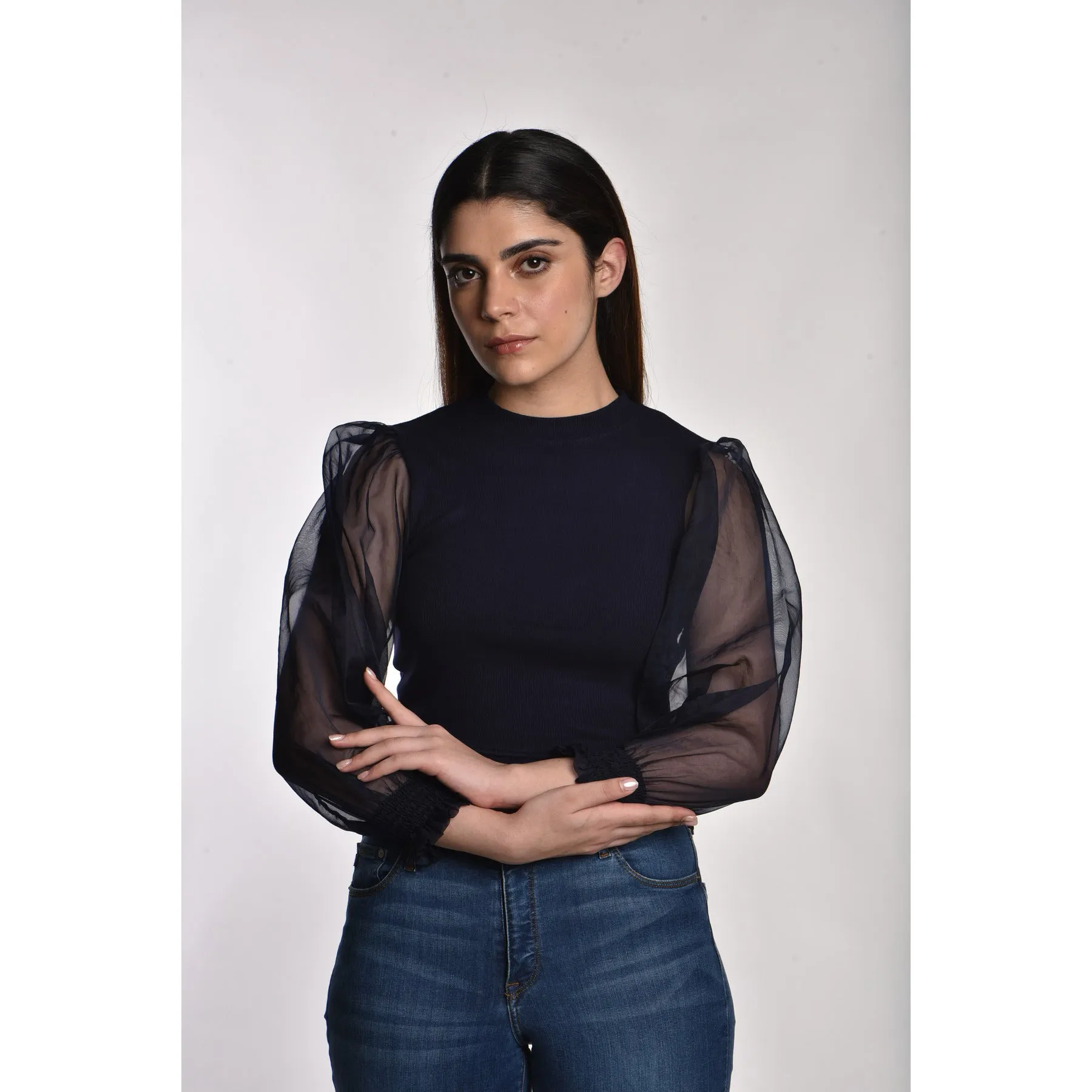 Hosiery Blouses with Puffy Organza Full Sleeves
