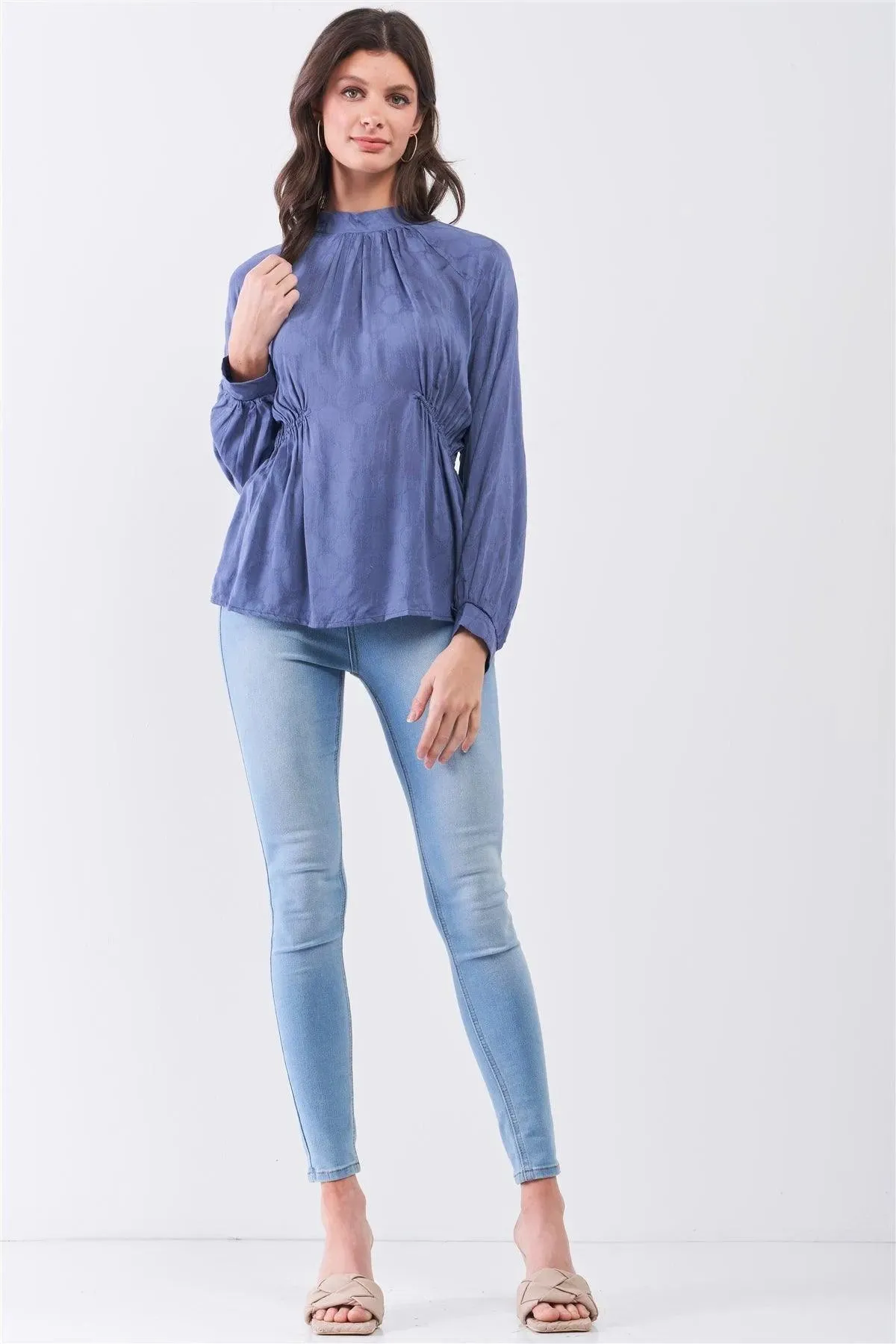 Indian Blue Boho Circle Pattern Mock Neck Long Sleeve Blouse Top /3-2-1