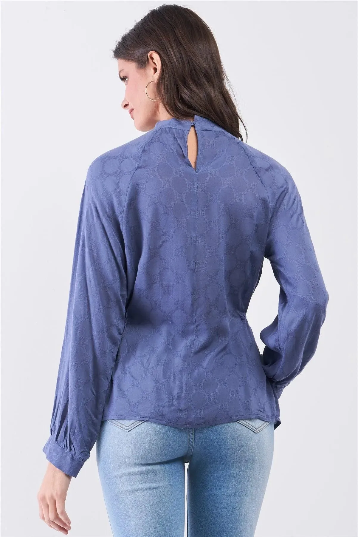 Indian Blue Boho Circle Pattern Mock Neck Long Sleeve Blouse Top /3-2-1