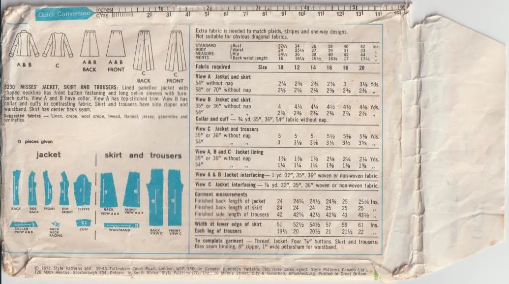 Jacket, Skirt & Pants - Bust 82 cm - Vintage Pattern - Style 3290 - 1971