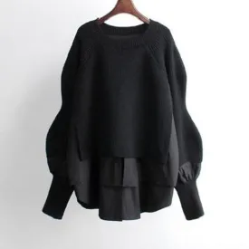 KooPros Crewneck Patchwork Combo Pullover Sweater in Black