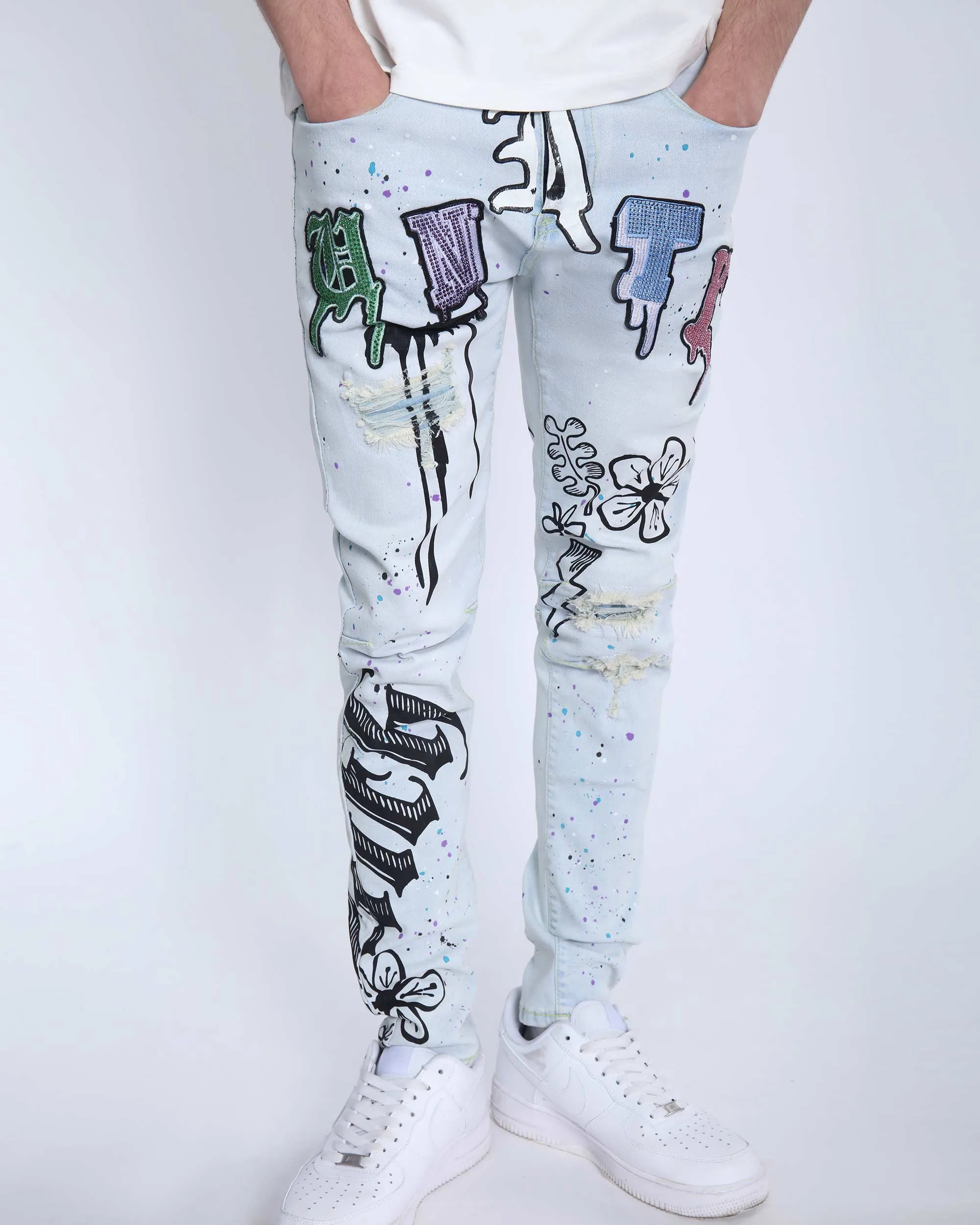 Light Washed Blue Ripped Jeans with Comic Painted-Mexico Local Delivery