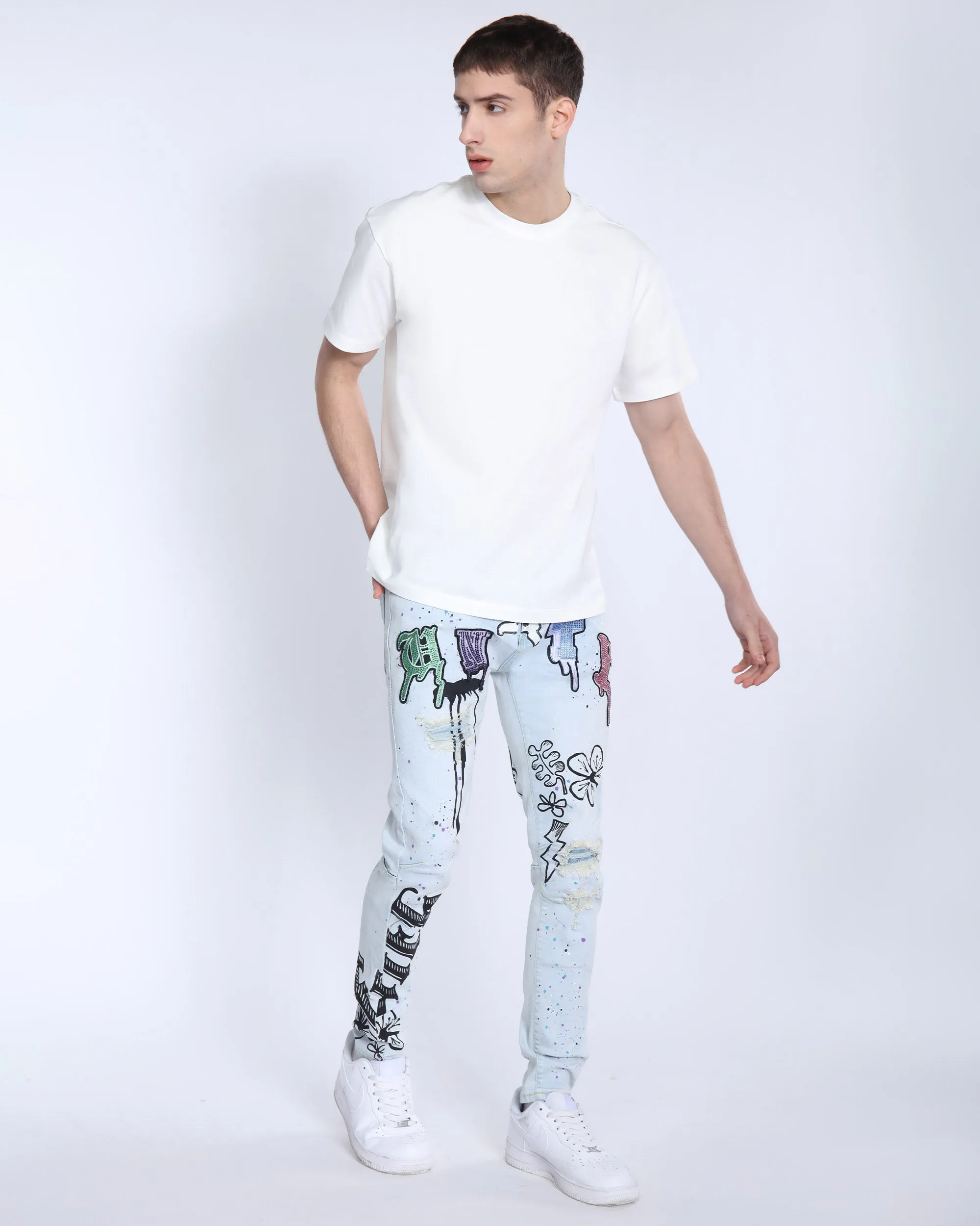 Light Washed Blue Ripped Jeans with Comic Painted-Mexico Local Delivery