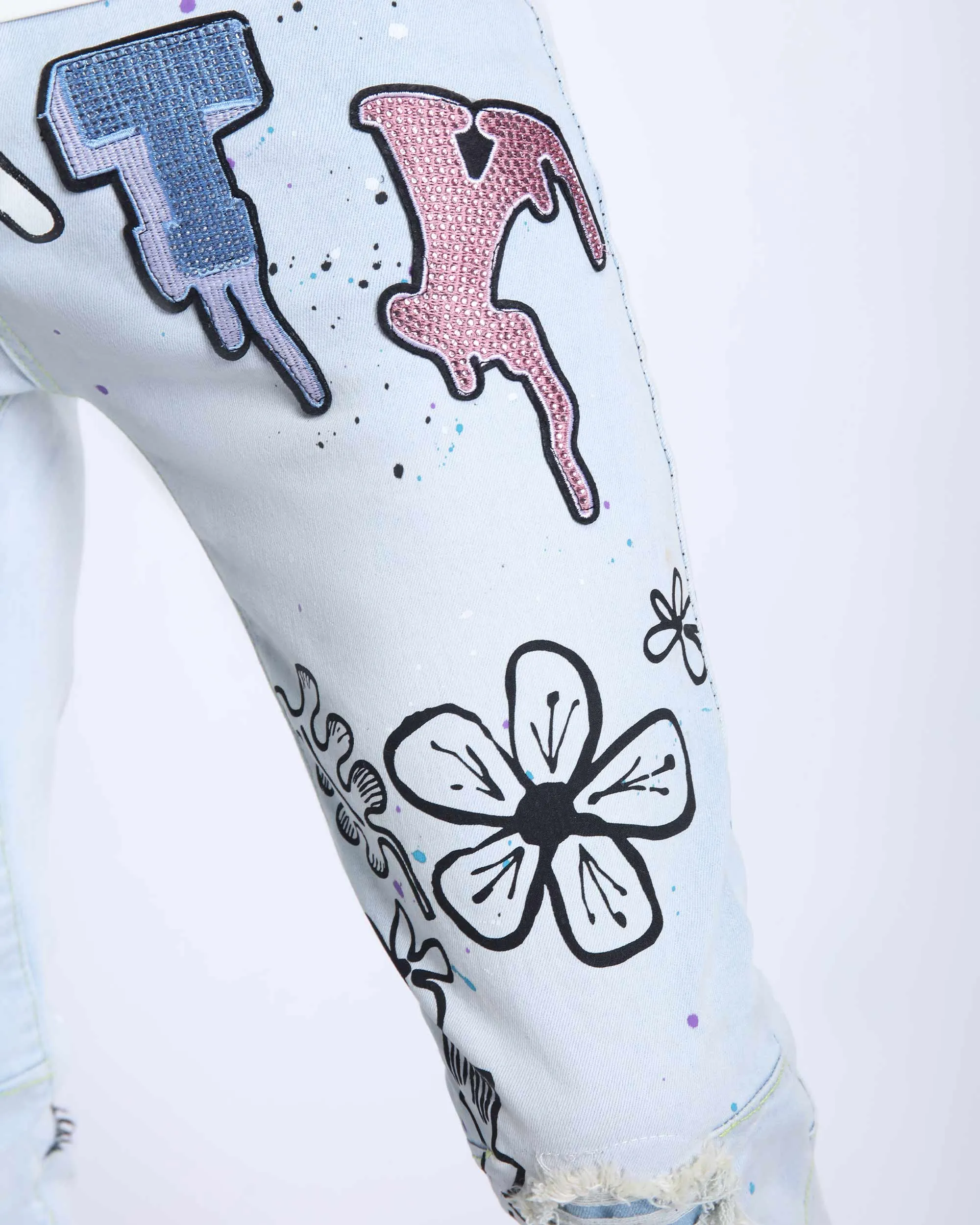 Light Washed Blue Ripped Jeans with Comic Painted-Mexico Local Delivery