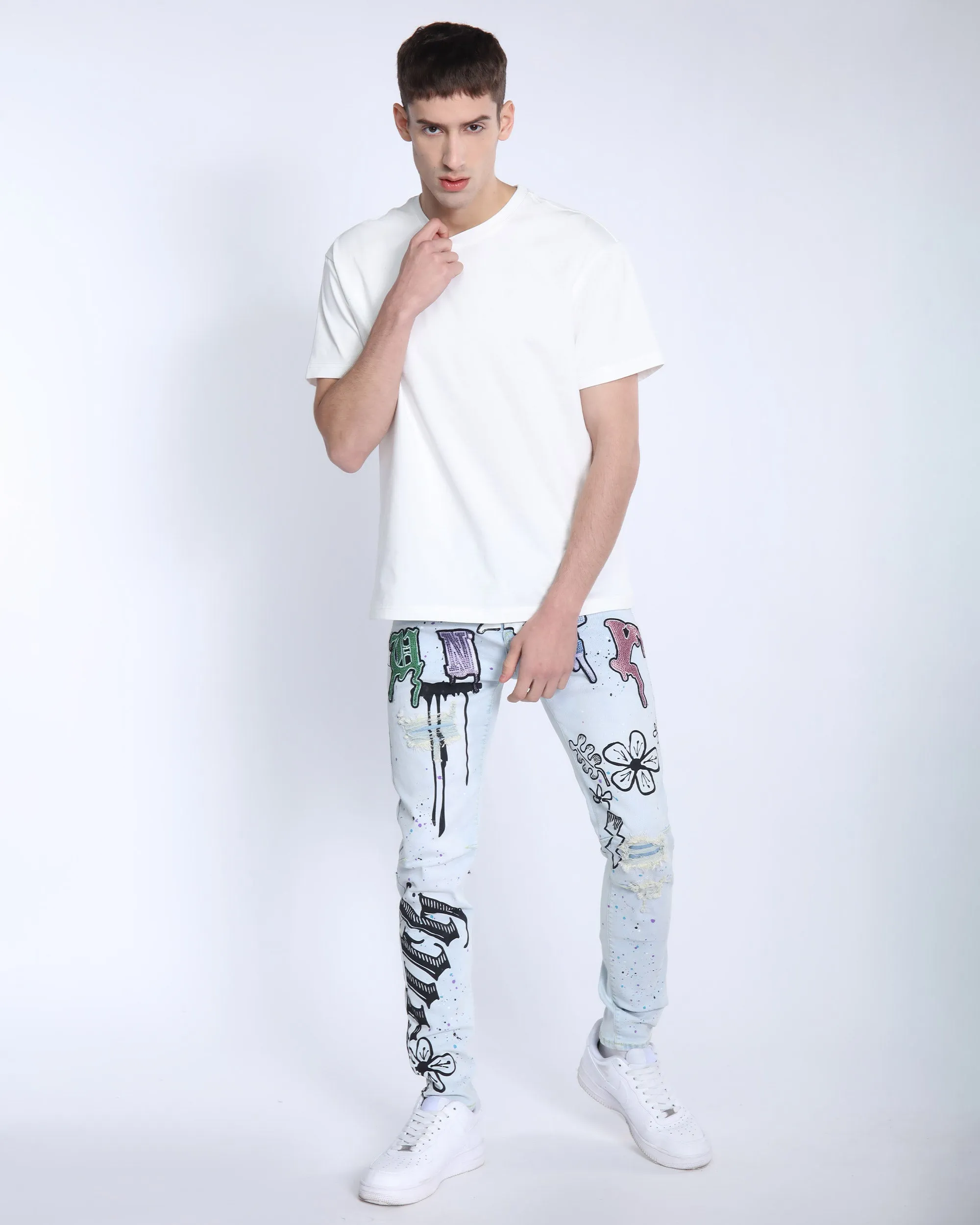 Light Washed Blue Ripped Jeans with Comic Painted-Mexico Local Delivery